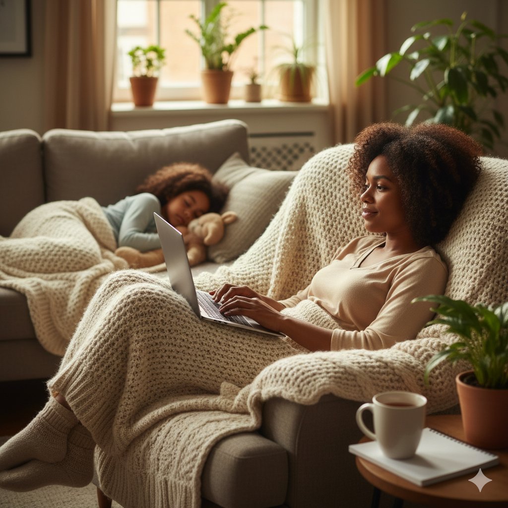 A cozy stay-at-home mom working on her laptop while resting under a soft blanket on a comfortable chair, illustrating the flexibility of earning money from home with a side hustle.