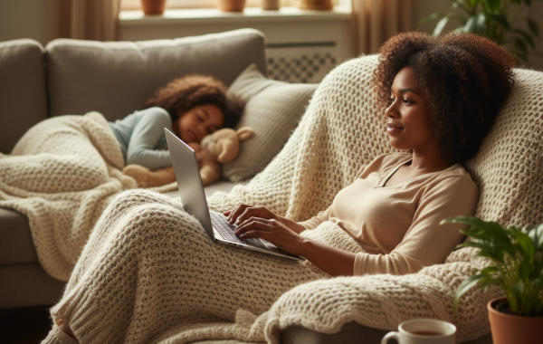 "A cozy stay-at-home mom working on her laptop while resting under a soft blanket on a comfortable chair, illustrating the flexibility of earning money from home with a side hustle.