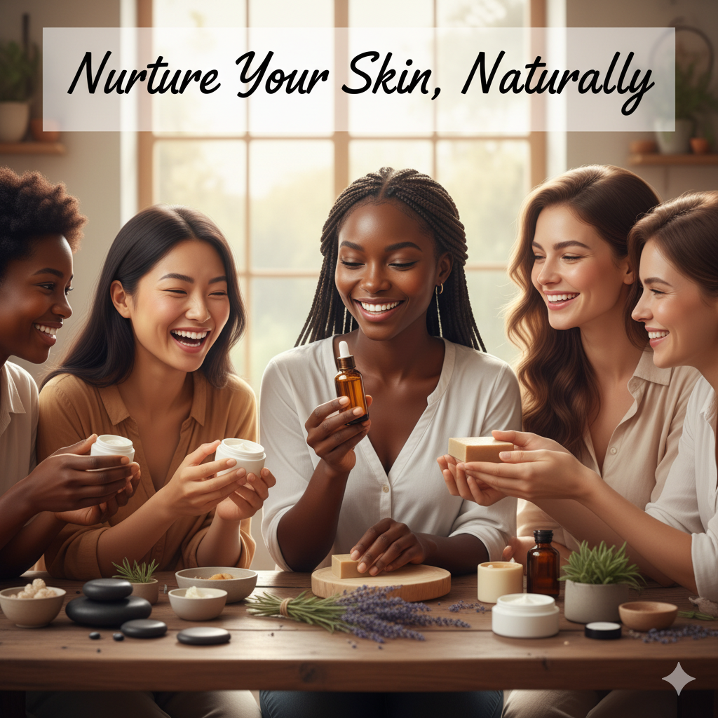 Diverse group of women smiling while holding natural, eco-friendly skincare products against a soft, bright background. One woman has braids. This banner image illustrates the inclusive and gentle approach of the 'Nurture Your Skin, Naturally' guide.