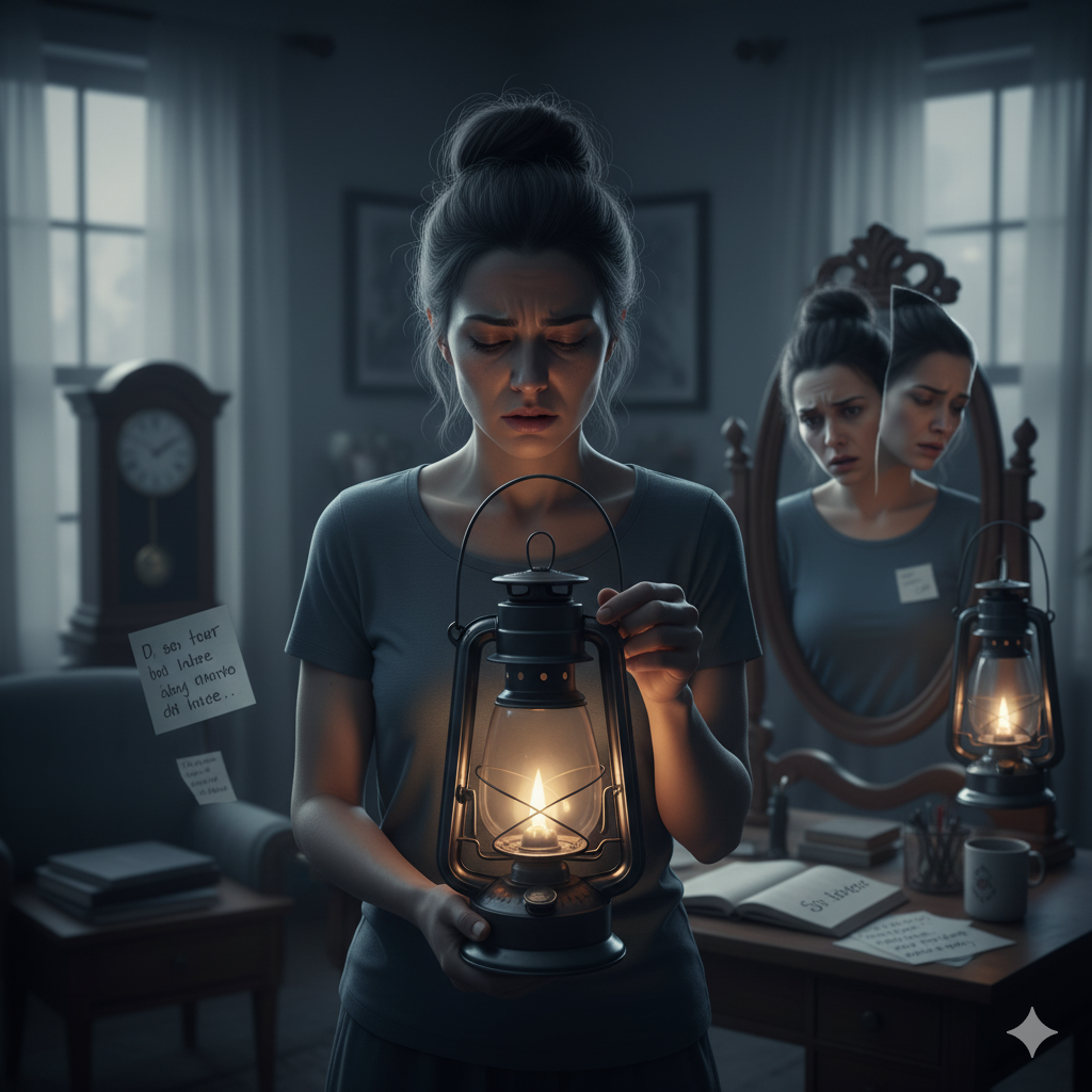 An image that captures a woman questioning herself, with elements suggesting confusion and self-doubt in a subtle, psychological way: